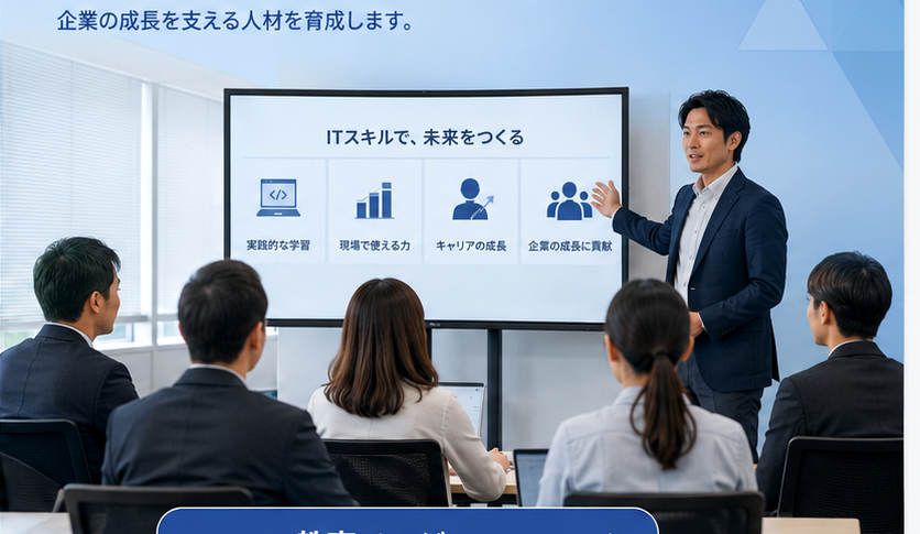 IT研修セミナーを行う講師と受講者のイメージ